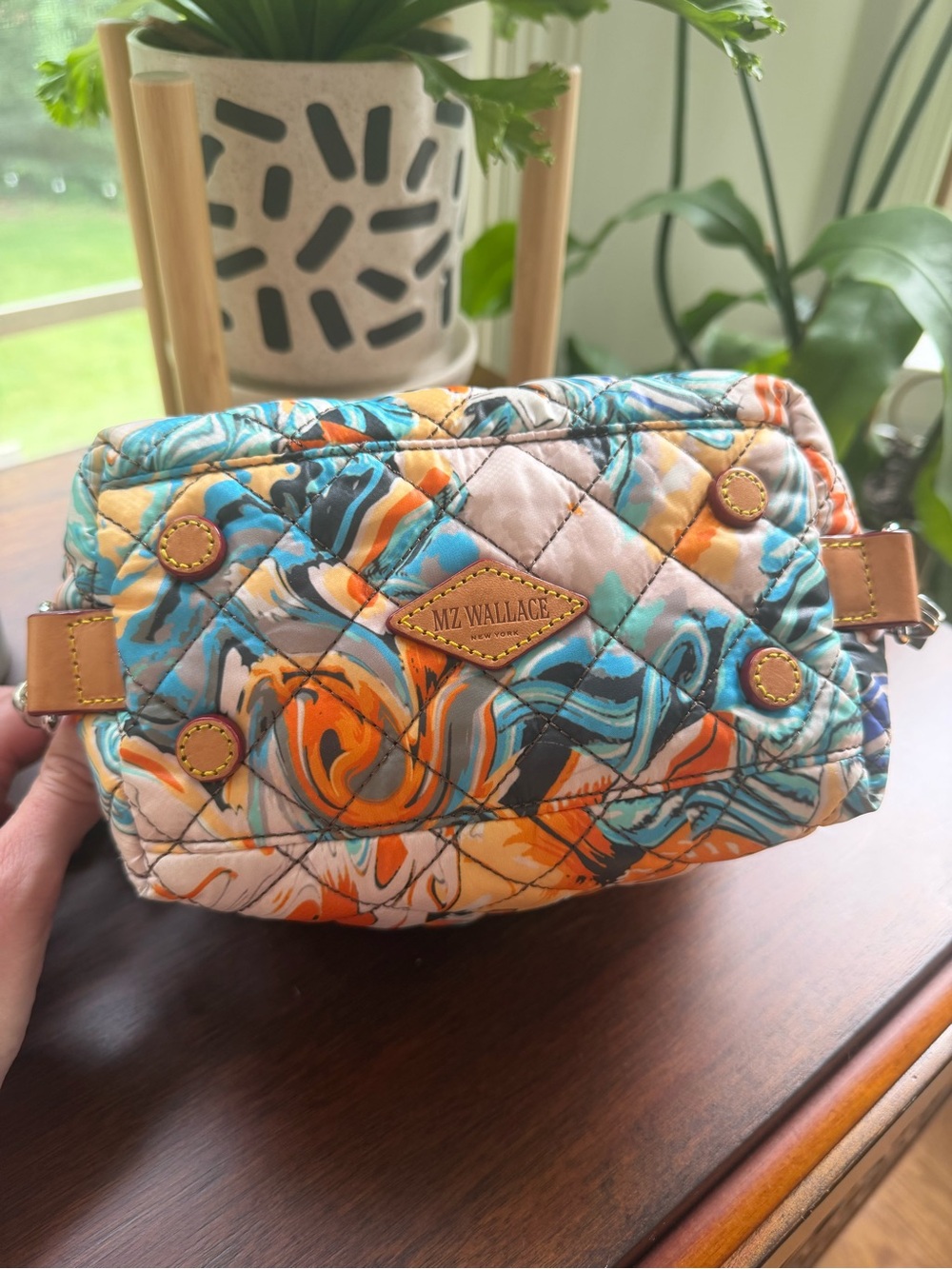 MZ WALLACE Quilted Bag in Turquoise, Orange, Black & Cream Swirl